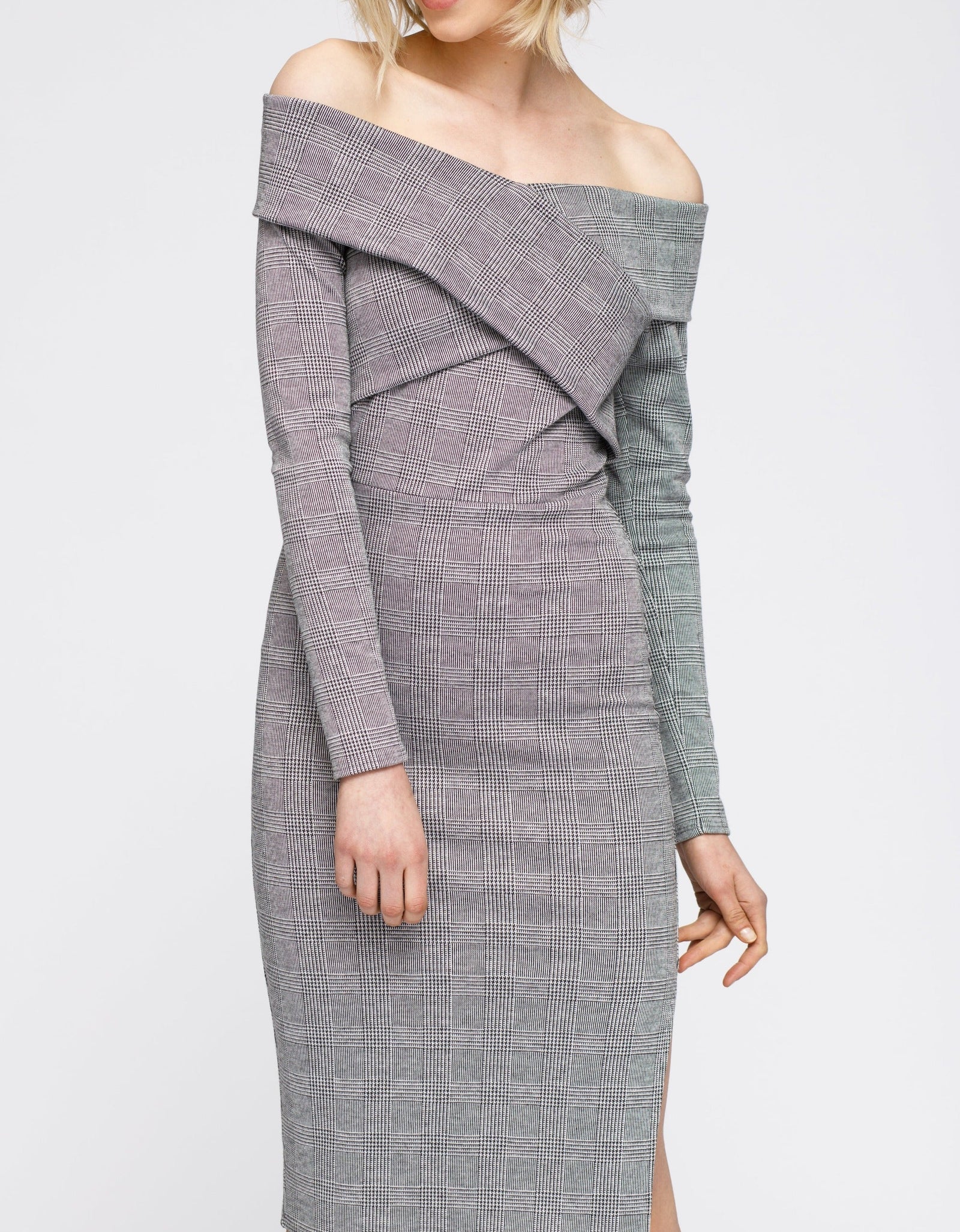 Women's Glen Plaid Off Shoulder Crisscross Dress In Grey Black by Shop at Konus