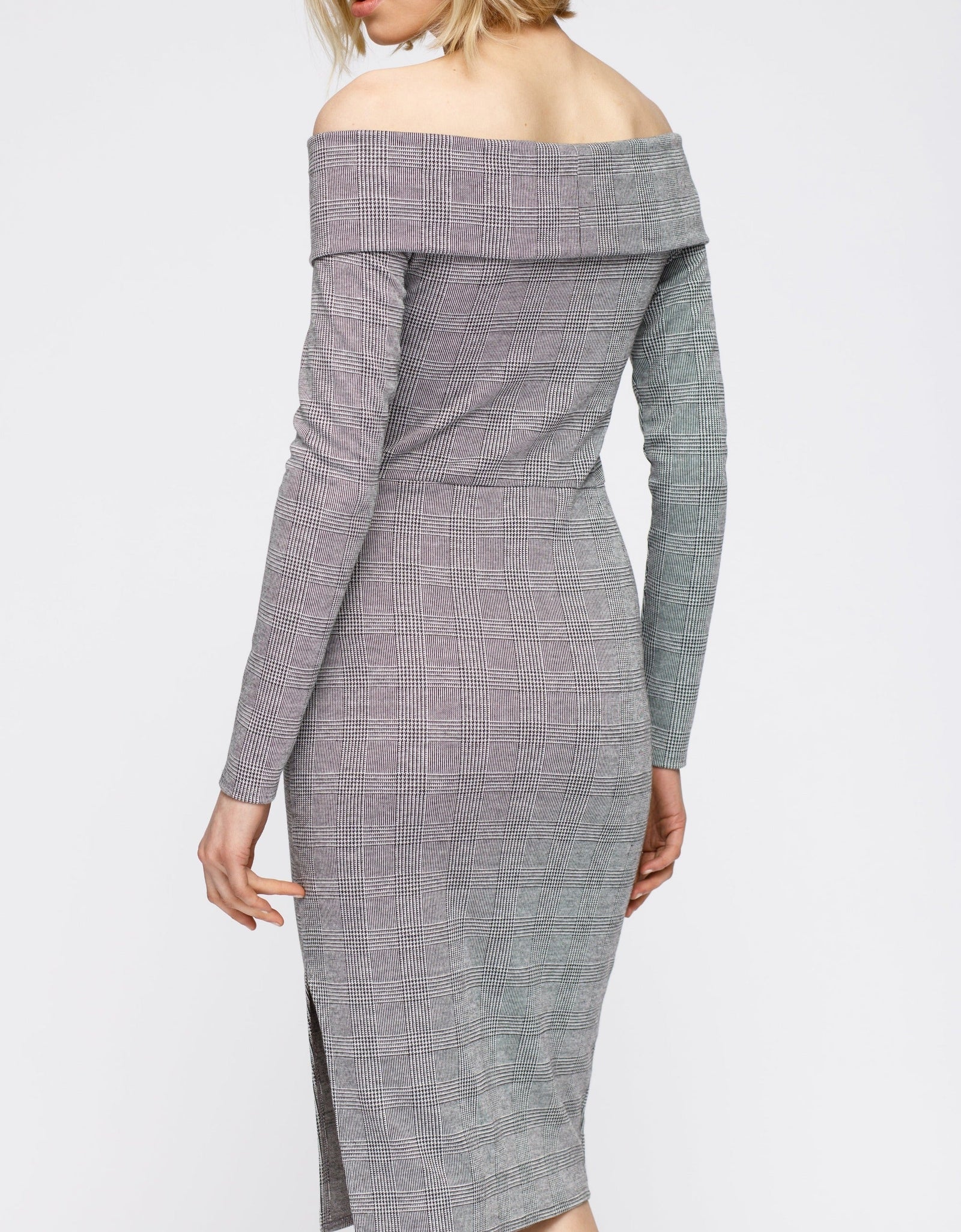 Women's Glen Plaid Off Shoulder Crisscross Dress In Grey Black by Shop at Konus