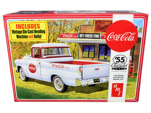 Load image into Gallery viewer, Skill 3 Model Kit 1955 Chevrolet Cameo Pickup Truck "Coca-Cola" with Vintage Vending Machine and Dolly 1/25 Scale Model by AMT
