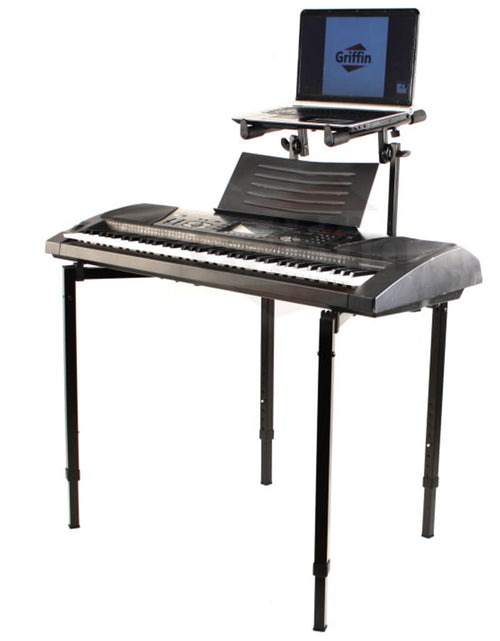 Load image into Gallery viewer, Double Piano Keyboard &amp; Laptop Stand by GRIFFIN - 2 Tier/Dual Portable Studio Mixer Rack for Turntables, DJ Coffins, Speakers, Digital Music Gear by GeekStands.com

