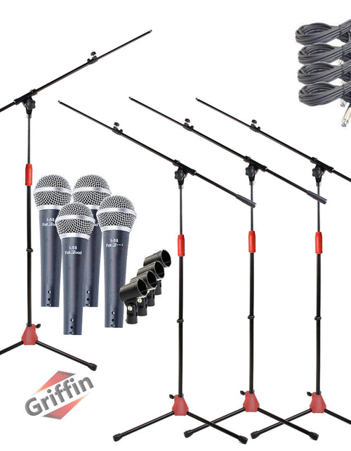 Load image into Gallery viewer, Microphone Stand with Telescoping Boom Arm, 20 Ft XLR Cable (Pack of 4) by GRIFFIN - Handheld Dynamic Mic &amp; Clip  - DJ Pro-Audio Cardioid Singing Mic by GeekStands.com

