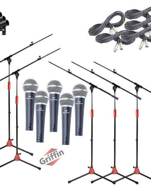 Load image into Gallery viewer, GRIFFIN Microphone Stand Package of 5 with Vocal Unidirectional Mics &amp; XLR Cables - Handheld Cardioid Dynamic Microphones for Home Studio Recording by GeekStands.com
