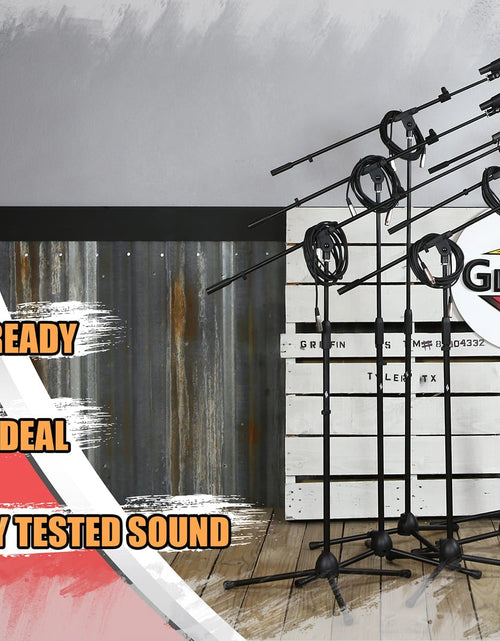 Load image into Gallery viewer, Microphone Boom Stand (GRIFFIN 6 Pack) with Cardioid Vocal Microphones &amp; XLR Mic Cables - Karaoke Holder &amp; Tripod Mount - Handheld Unidirectional Mics by GeekStands.com
