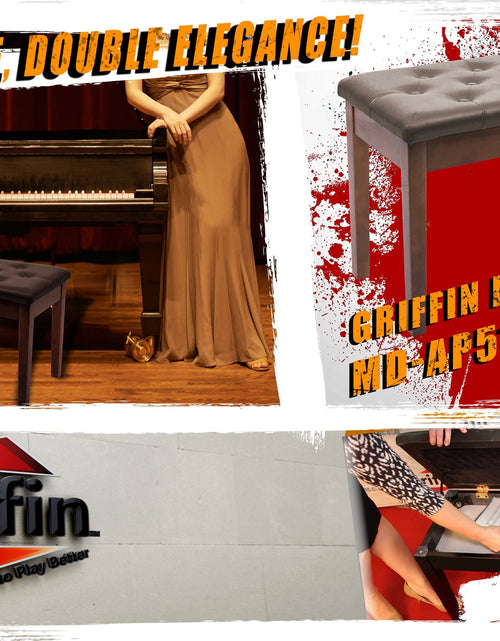 Load image into Gallery viewer, GRIFFIN Brown Wood PU Leather Piano Bench - Double Vintage Design, Ergonomic Chair Musicians Keyboard Stool - Cushion Duet Seat &amp; Sheet Music Storage by GeekStands.com
