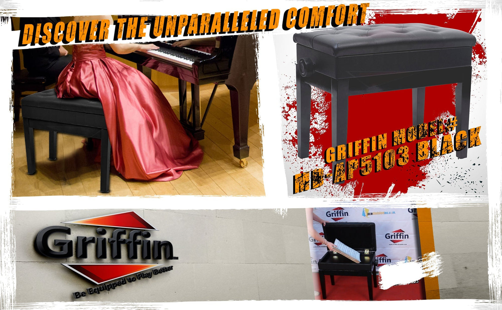 GRIFFIN Premium Antique Piano Bench - Adjustable Black Solid Wood Frame & PU Leather Padded Cushion by GeekStands.com