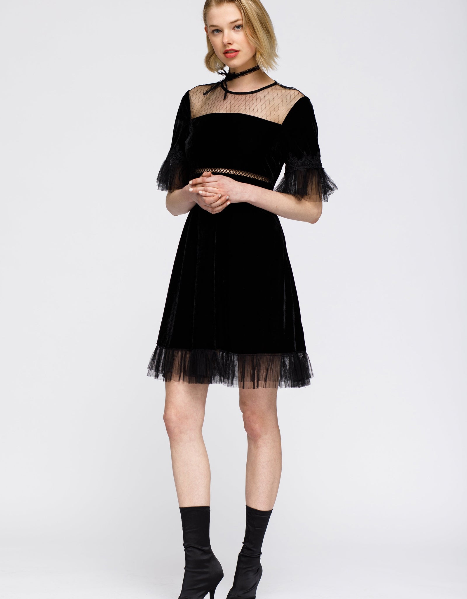 Women's Mesh Contrast Velvet Dress In Black by Shop at Konus