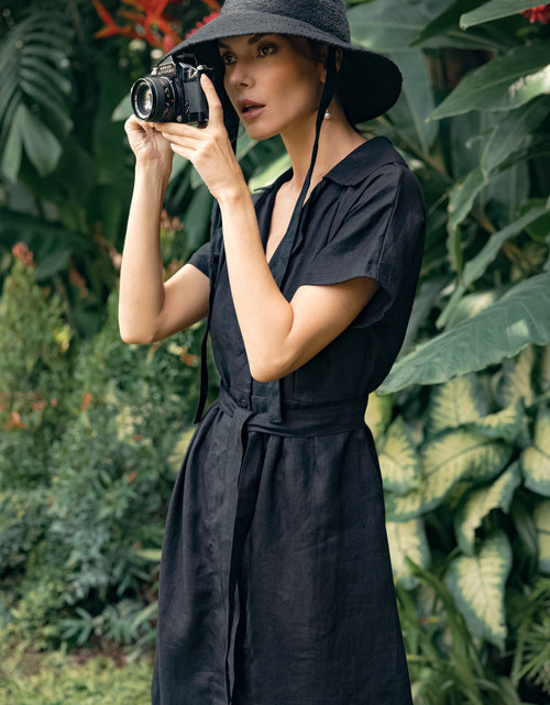 Load image into Gallery viewer, ARYA Safari Linen Midi Dress, in Black by BrunnaCo
