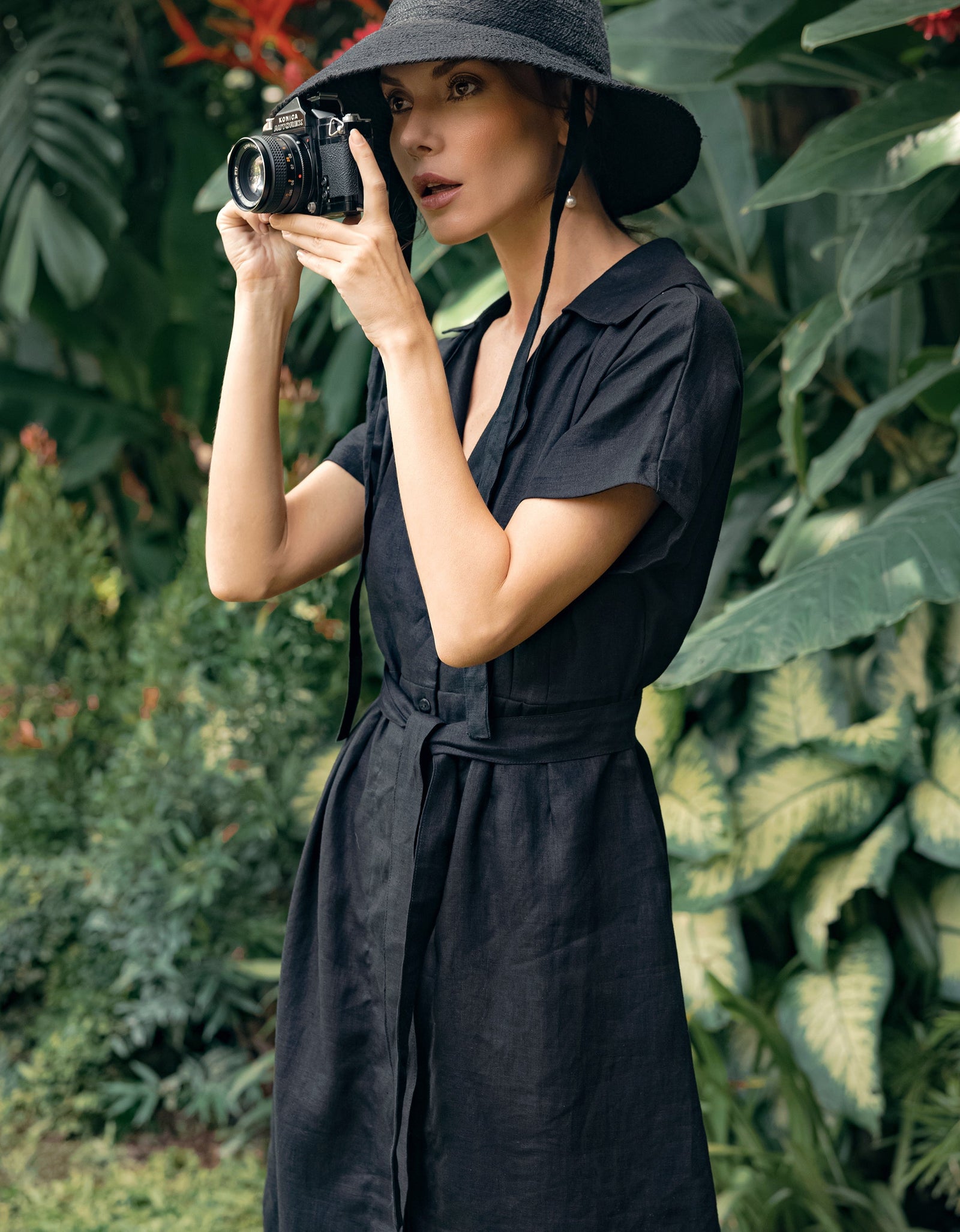 ARYA Safari Linen Midi Dress, in Black by BrunnaCo