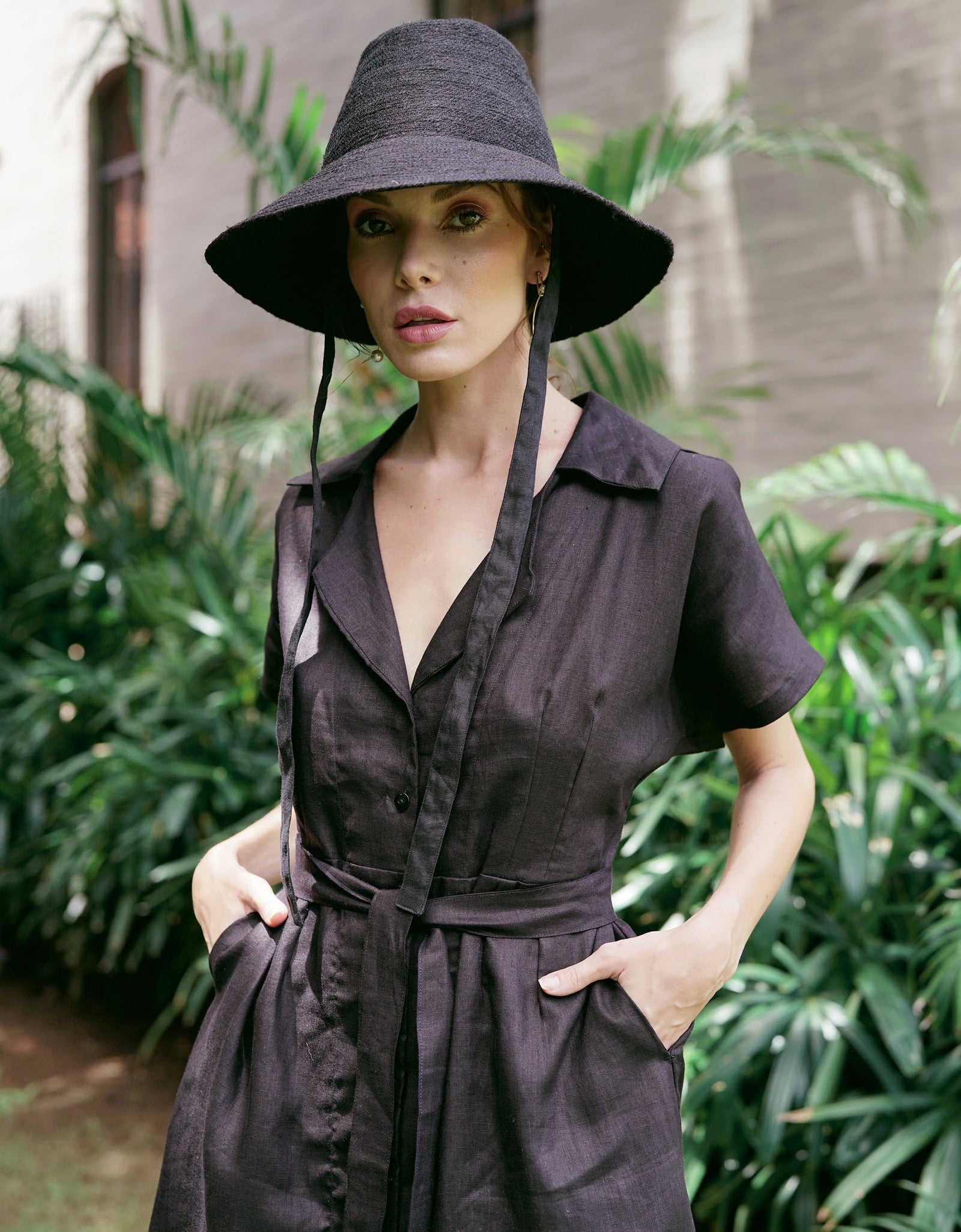 ARYA Safari Linen Midi Dress, in Black by BrunnaCo