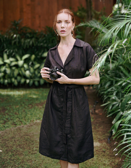 Load image into Gallery viewer, ARYA Safari Linen Midi Dress, in Black by BrunnaCo
