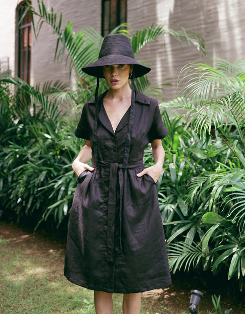 Load image into Gallery viewer, ARYA Safari Linen Midi Dress, in Black by BrunnaCo
