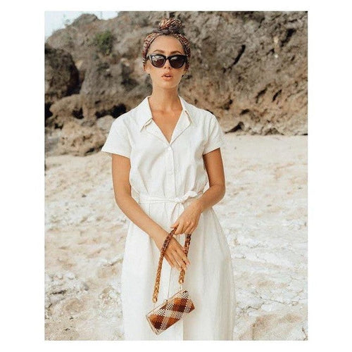 Load image into Gallery viewer, ARYA Safari Linen Midi Dress In Off White by BrunnaCo
