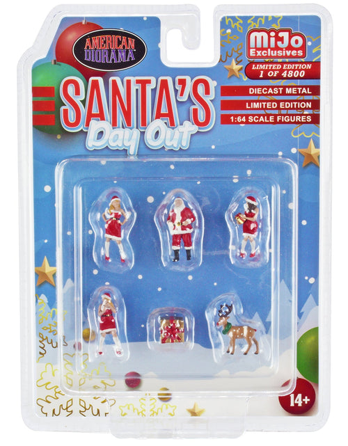 Load image into Gallery viewer, "Santa's Day Out" 6 piece Diecast Set (1 Man 2 Women 1 Reindeer 1 Present Figures and Accessories) Limited Edition to 4800 pieces Worldwide 1/64 Scale Models by American Diorama
