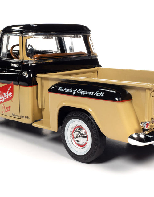 Load image into Gallery viewer, 1957 Chevrolet 3100 Stepside Pickup Truck Black and Tan with Graphics "Leinenkugle's Beer The Pride of Chippewa Falls" 1/18 Diecast Model by Auto World
