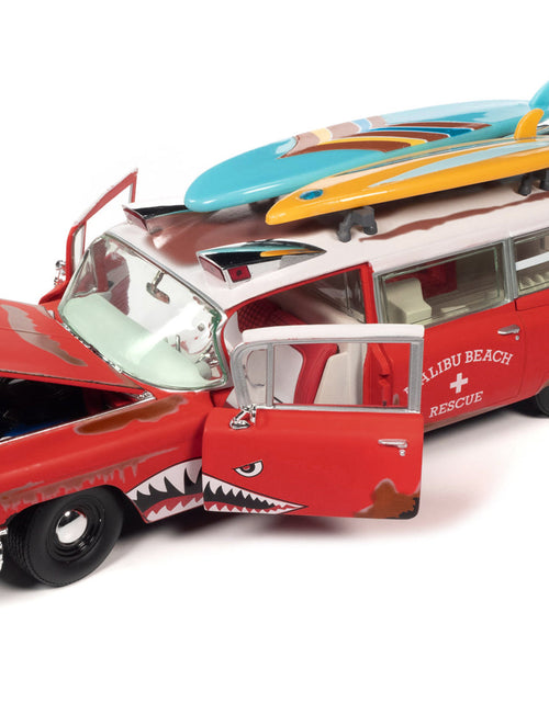 Load image into Gallery viewer, 1959 Cadillac Eldorado Ambulance Red with White Top "Malibu Beach Rescue" (Weathered) with Surfboards on Roof "Surf Shark" 1/18 Diecast Model Car by Auto World
