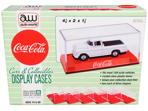 Load image into Gallery viewer, 6 Collectible Acrylic Display Show Cases with Red Plastic Bases with 3 Different Slogans "Coca-Cola" for 1/64 Scale Model Cars by Auto World
