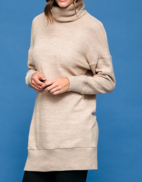Load image into Gallery viewer, Women's Turtle Neck Ribbed Sweater Mini Dress In Camel by Shop at Konus

