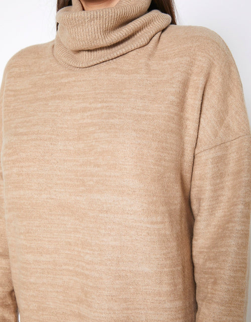 Load image into Gallery viewer, Women's Turtle Neck Ribbed Sweater Mini Dress In Camel by Shop at Konus
