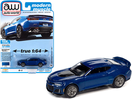 Load image into Gallery viewer, 2018 Chevrolet Camaro ZL1 Hyper Blue Metallic "Modern Muscle" Limited Edition to 13000 pieces Worldwide 1/64 Diecast Model Car by Auto World
