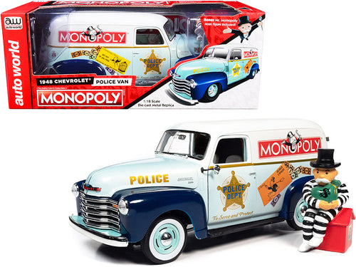 Load image into Gallery viewer, 1948 Chevrolet Panel Police Van with Mr. Monopoly Figurine "Monopoly" 1/18 Diecast Model Car by Auto World
