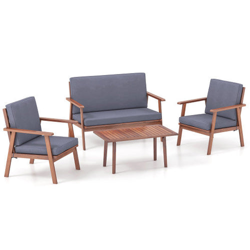 Load image into Gallery viewer, 4 Piece Outdoor Acacia Wood Conversation Set with Soft Seat and Back Cushions-Gray
