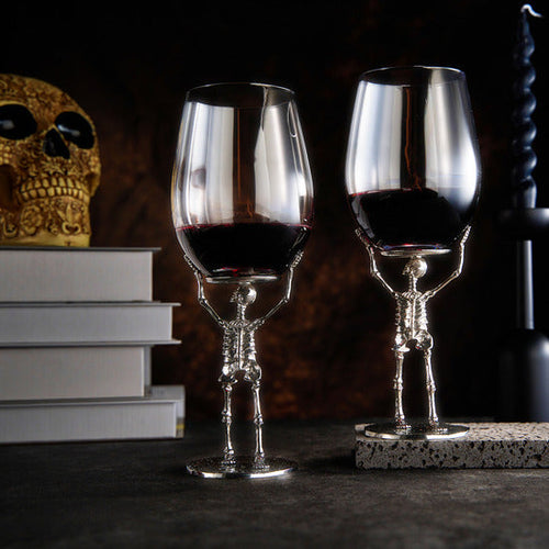 Load image into Gallery viewer, Stemmed Skeleton Wine Glass | Set of 2 | 19oz Halloween Skeleton Glasses 10" H, Goth Gifts, Skeleton Gifts, Skeleton Decor, Spooky Wine Gift Set, Perfect for Halloween Themed Parties by The Wine Savant
