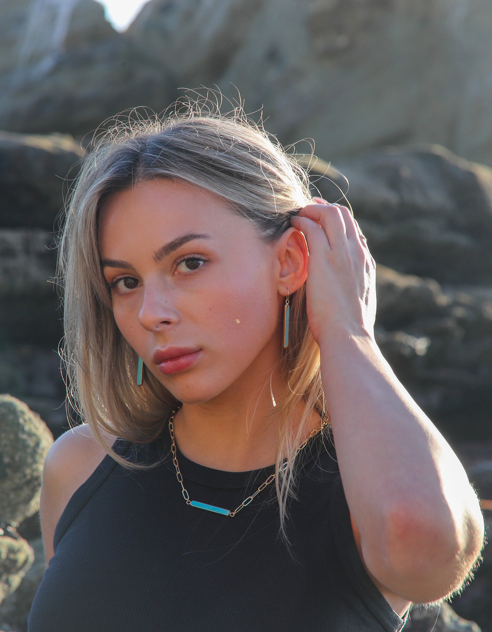 Turquoise Bar Thick Chain Link Necklace by Toasted Jewelry