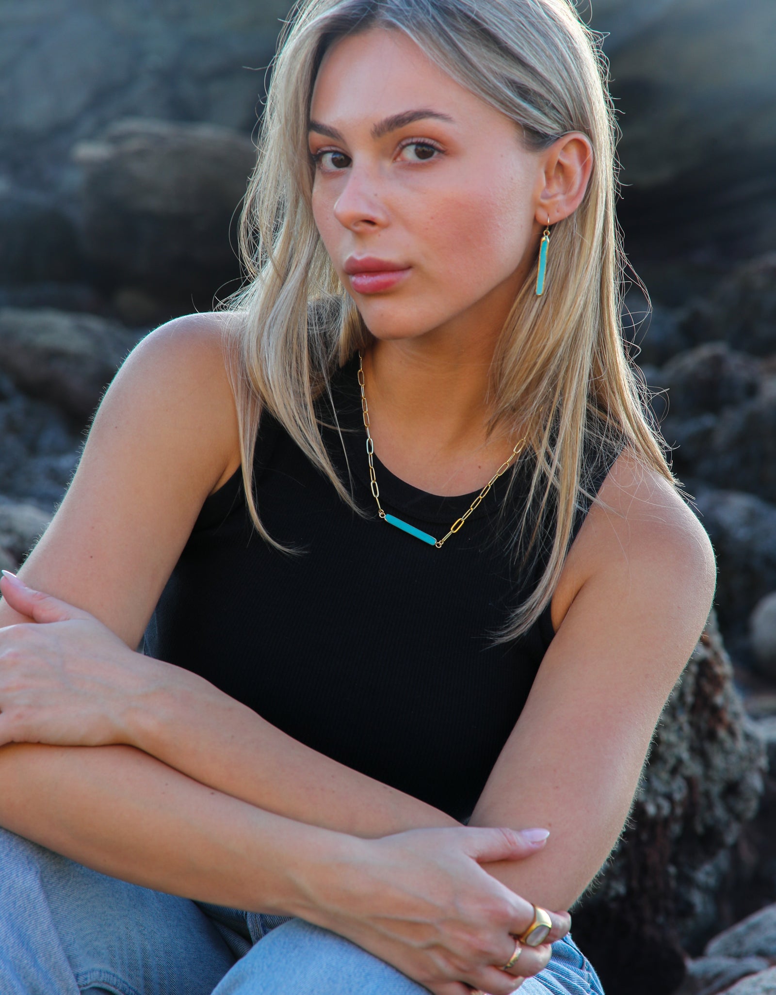 Turquoise Bar Thick Chain Link Necklace by Toasted Jewelry
