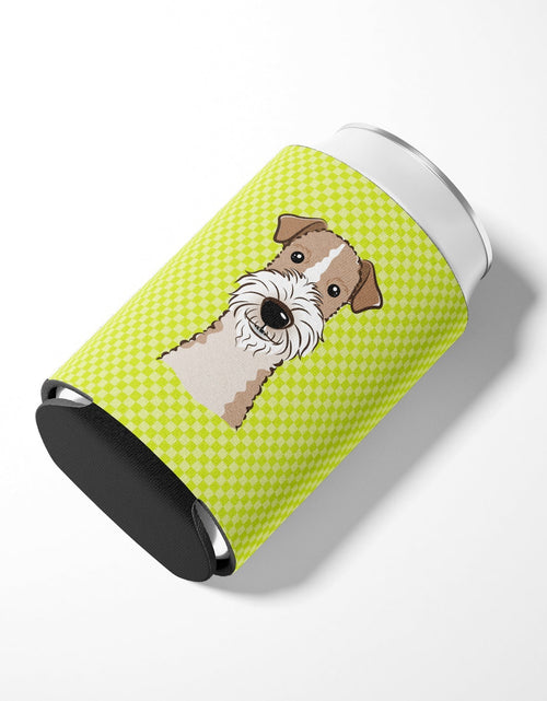 Load image into Gallery viewer, Checkerboard Lime Green Wire Haired Fox Terrier Can or Bottle Hugger BB1309CC by Caroline's Treasures
