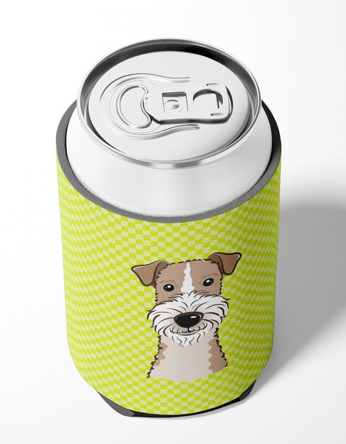 Load image into Gallery viewer, Checkerboard Lime Green Wire Haired Fox Terrier Can or Bottle Hugger BB1309CC by Caroline's Treasures
