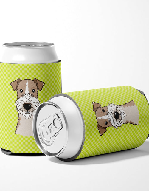Load image into Gallery viewer, Checkerboard Lime Green Wire Haired Fox Terrier Can or Bottle Hugger BB1309CC by Caroline's Treasures
