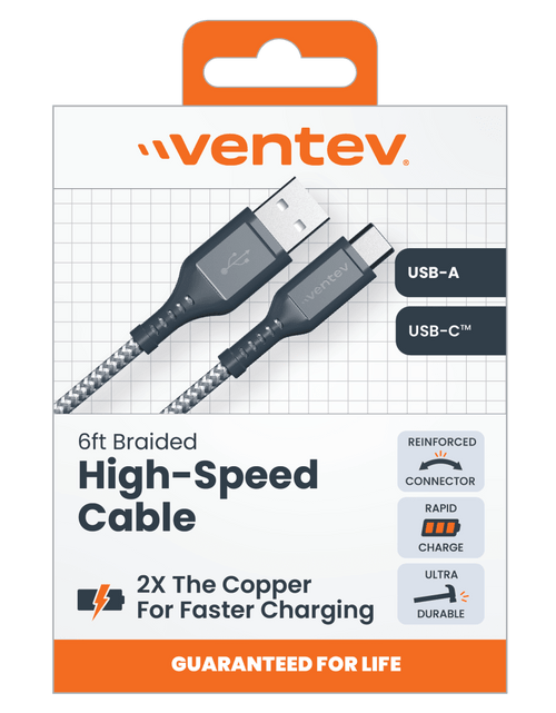 Load image into Gallery viewer, Ventev High Speed USB A to USB C Braided Cable with 2x the Copper for Faster Charging 6ft Gray by Ventev
