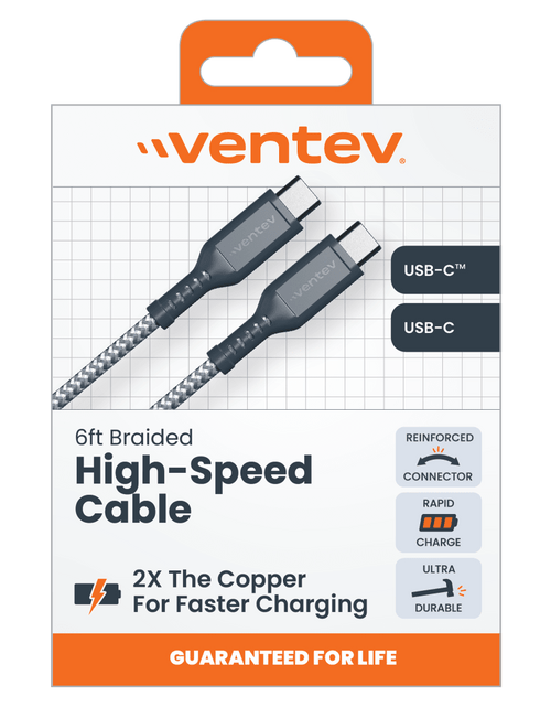 Load image into Gallery viewer, Ventev High Speed USB C to USB C Braided Cable with 2x the Copper for Faster Charging 6ft Gray by Ventev
