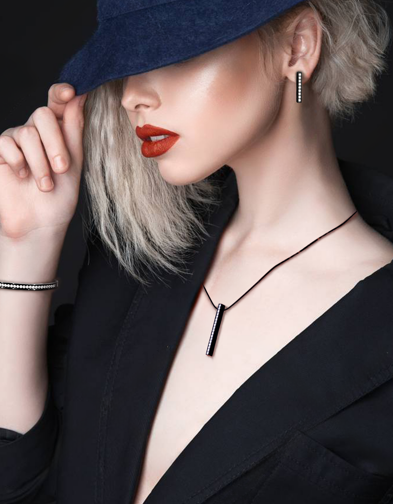 PT107B B.Tiff Black 18-Stone Bar Pendant by B.Tiff New York