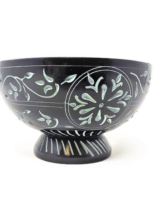 Load image into Gallery viewer, Floral hand carved Black Soap Stone Bowl 5" x 3" by OMSutra
