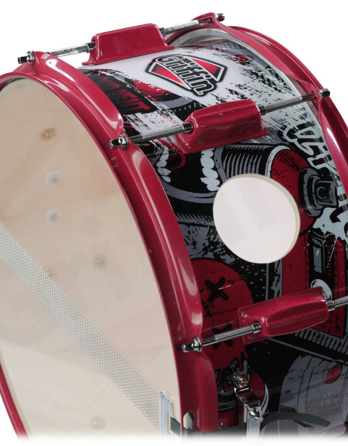 Load image into Gallery viewer, GRIFFIN Snare Drum Birch Wood Shell 14 X 6.5 Inch - Oversize 2.5" Large Vents &amp; Custom Graphic Wrap (Limited Edition) - Red Hardware, 8 Tuning Lugs by GeekStands.com
