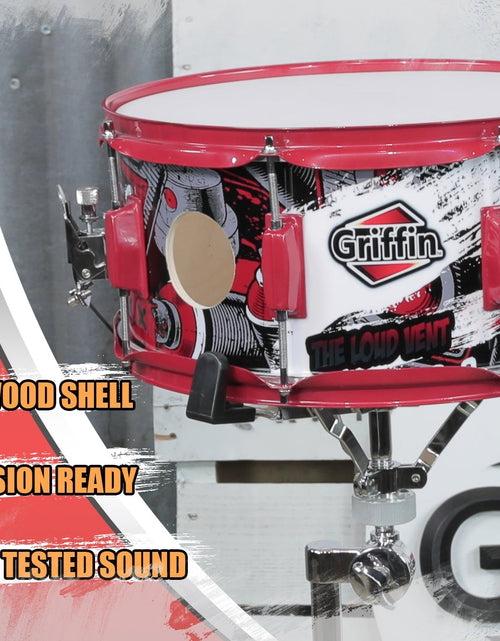 Load image into Gallery viewer, GRIFFIN Snare Drum Birch Wood Shell 14 X 6.5 Inch - Oversize 2.5" Large Vents &amp; Custom Graphic Wrap by GeekStands.com
