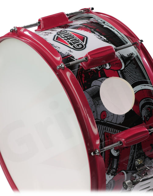 Load image into Gallery viewer, GRIFFIN Snare Drum Birch Wood Shell 14 X 6.5 Inch - Oversize 2.5" Large Vents &amp; Custom Graphic Wrap (Limited Edition) - Red Hardware, 8 Tuning Lugs by GeekStands.com
