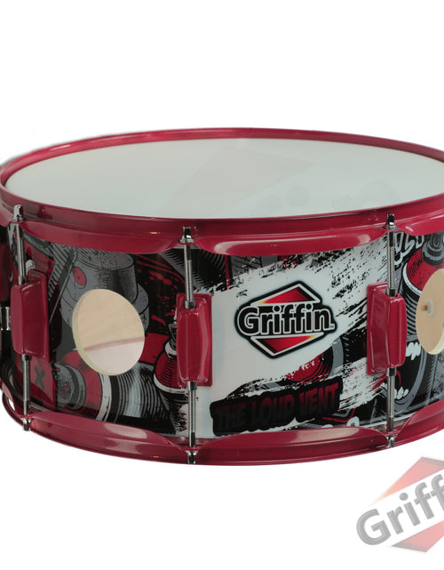 Load image into Gallery viewer, GRIFFIN Snare Drum Birch Wood Shell 14 X 6.5 Inch - Oversize 2.5" Large Vents &amp; Custom Graphic Wrap by GeekStands.com
