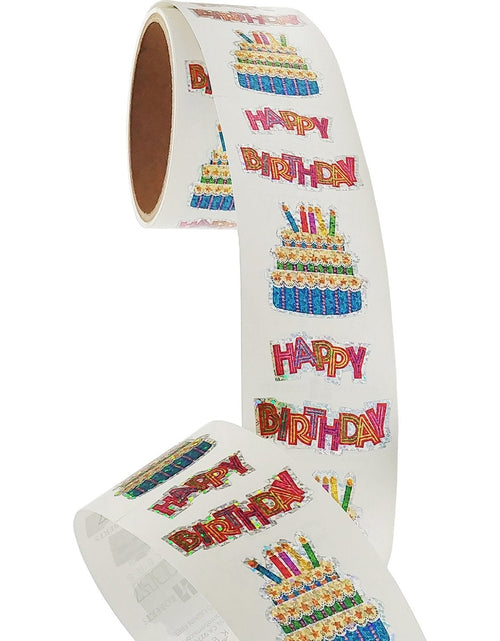 Load image into Gallery viewer, Bulk Roll Prismatic Stickers, Happy Birthday with Cake (50 Repeats) by Present Paper
