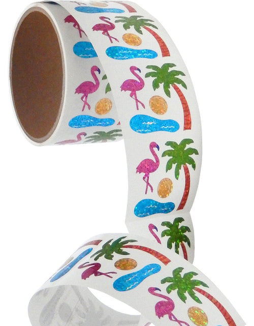 Load image into Gallery viewer, Bulk Roll Prismatic Stickers, Mini Flamingo and Palm Tree (100 Repeats) by Present Paper
