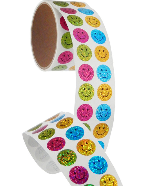 Load image into Gallery viewer, Bulk Roll Prismatic Stickers, Mini Happy Faces (100 Repeats) by Present Paper
