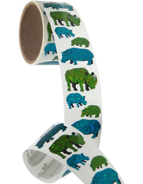 Load image into Gallery viewer, Bulk Roll Prismatic Stickers, Rhino, Hippo and Babies (50 Repeats) by Present Paper
