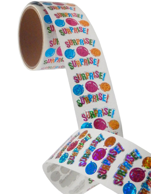 Load image into Gallery viewer, Bulk Roll Prismatic Stickers, Surprise w/ Balloons (100 Repeats) by Present Paper
