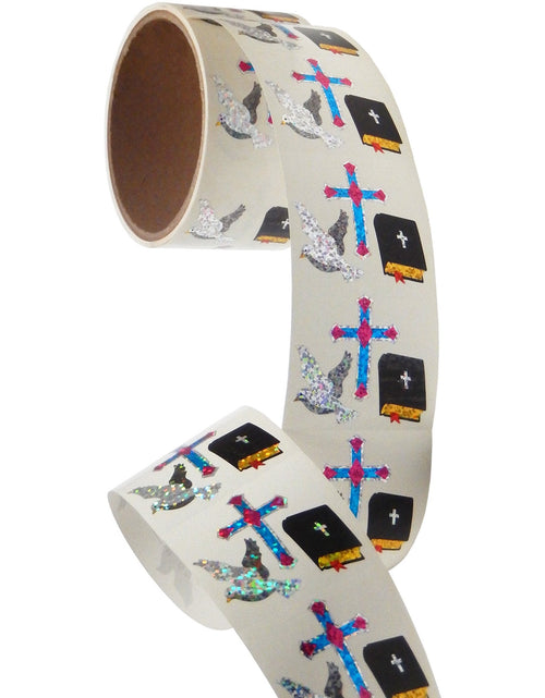 Load image into Gallery viewer, Bulk Roll Prismatic Stickers, Dove / Cross / Bible (100 Repeats) by Present Paper
