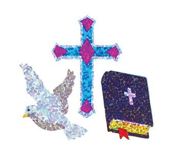 Load image into Gallery viewer, Bulk Roll Prismatic Stickers, Dove / Cross / Bible (100 Repeats) by Present Paper
