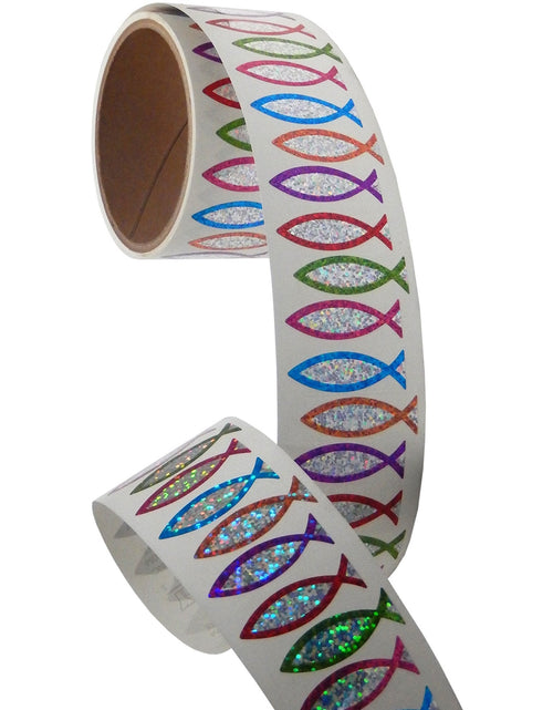 Load image into Gallery viewer, Bulk Roll Prismatic Stickers, Christian Fish Symbol (50 Repeats) by Present Paper
