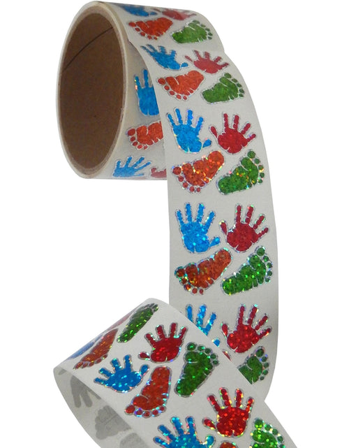 Load image into Gallery viewer, Bulk Roll Prismatic Stickers, Mini Handprints (100 Repeats) by Present Paper
