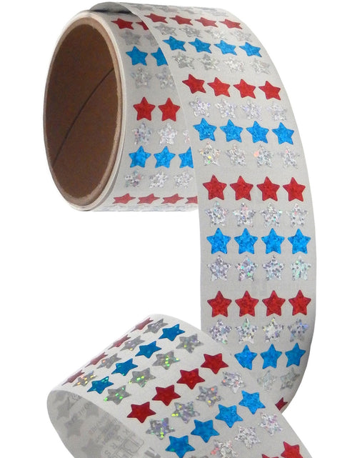 Load image into Gallery viewer, Bulk Roll Prismatic Stickers, Micro Stars / Red, Silver, Blue (100 Repeats) by Present Paper
