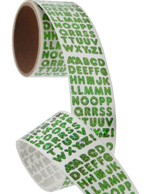 Load image into Gallery viewer, Bulk Roll Prismatic Stickers, Green Alphabets (50 Repeats) by Present Paper
